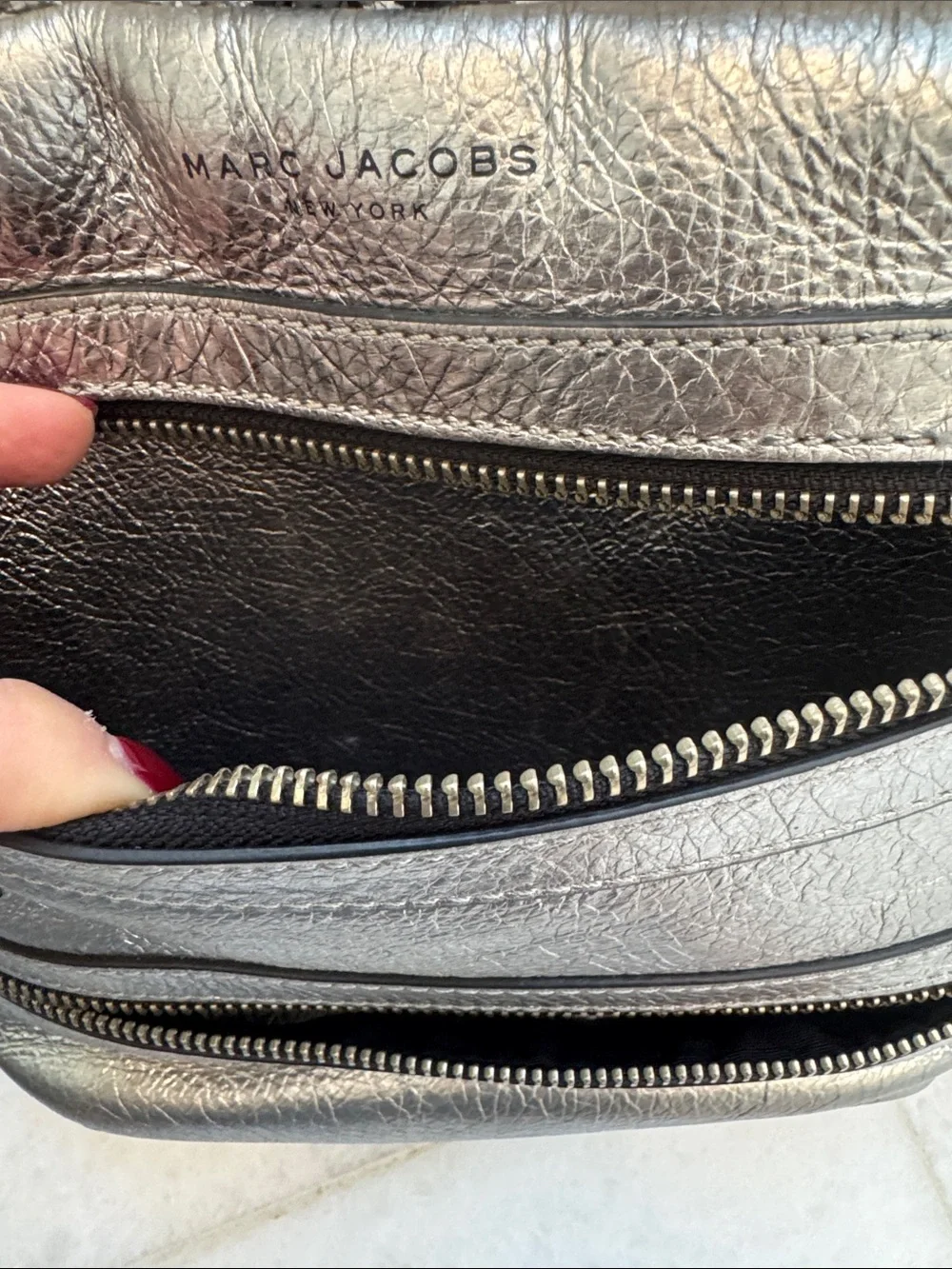 Marc Jacobs Silver Metallic Mini Backpack with Black Embellishment